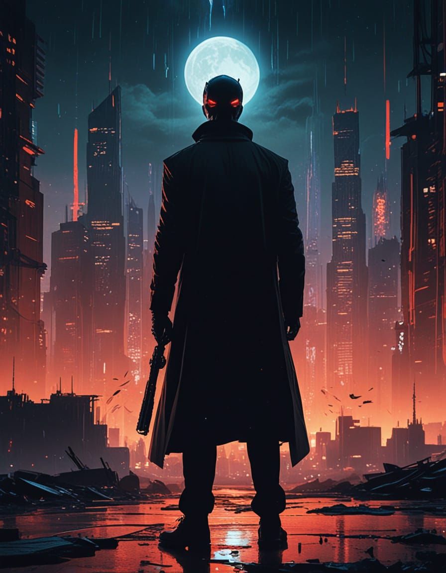 Gritty Cyberpunk Vision of a Lone Figure in a Dystopian Metr...