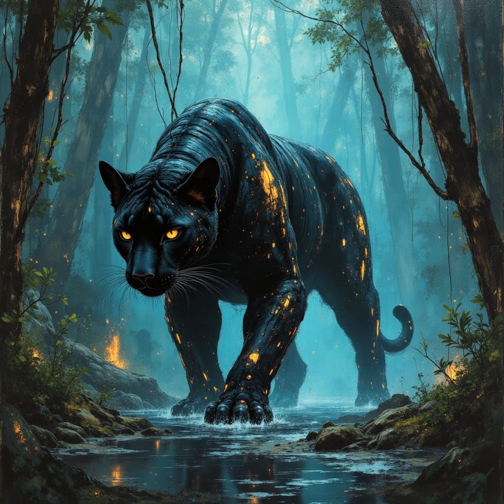 Cybernetic Panther in Bioluminescent Jungle