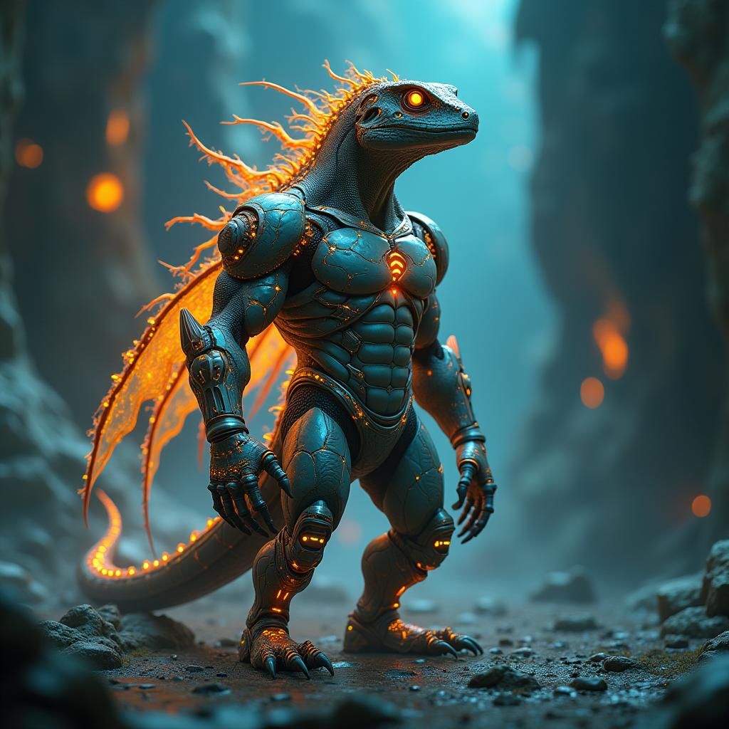 Bio-Mechanical Lizard Cyborg with Glowing Circuitry