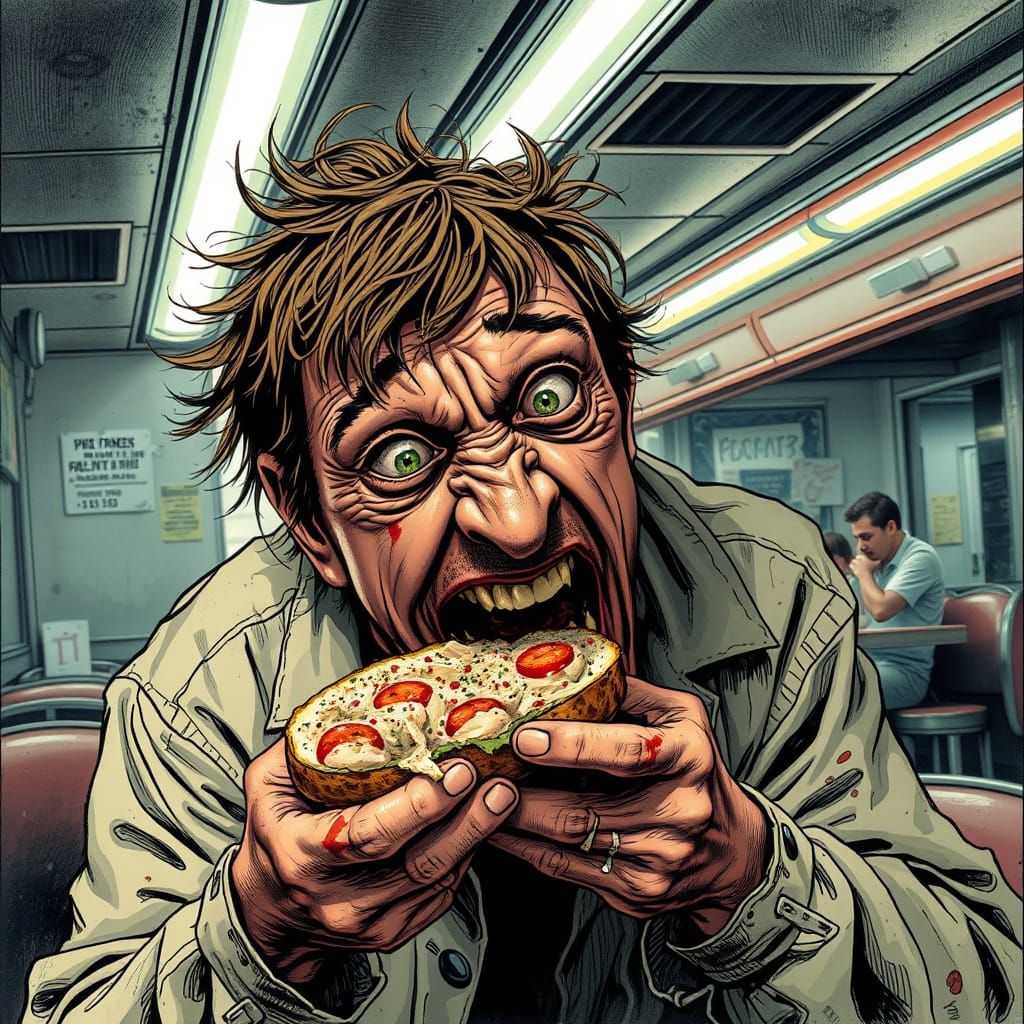Disheveled Man Consumes Spoiled Tuna Sandwich in Grimy Diner