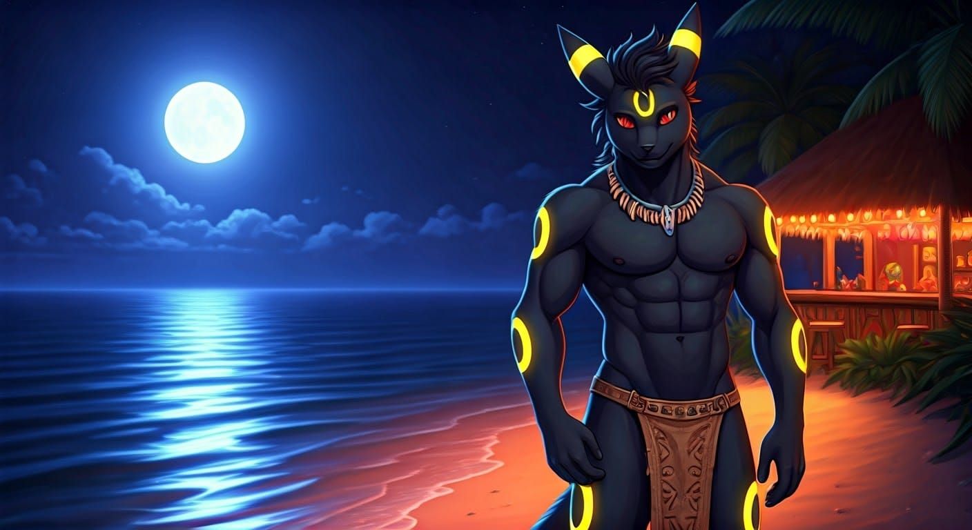 Majestic Umbreon Basks in Moonlit Beach Ambiance