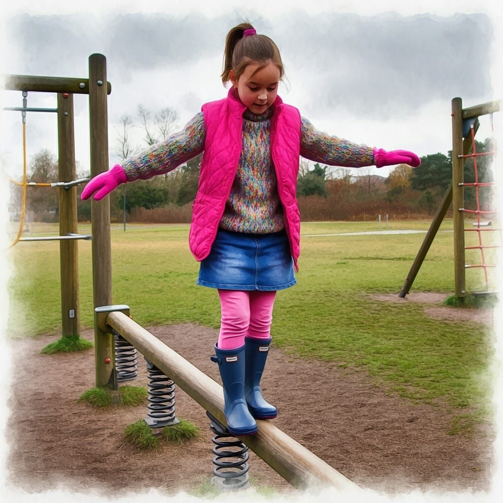 Girl Balances on Playground Beam in Whimsical Watercolor Sce...