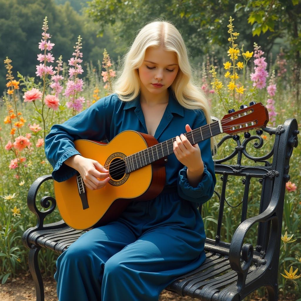 Girl Plays Guitar in Lush Garden