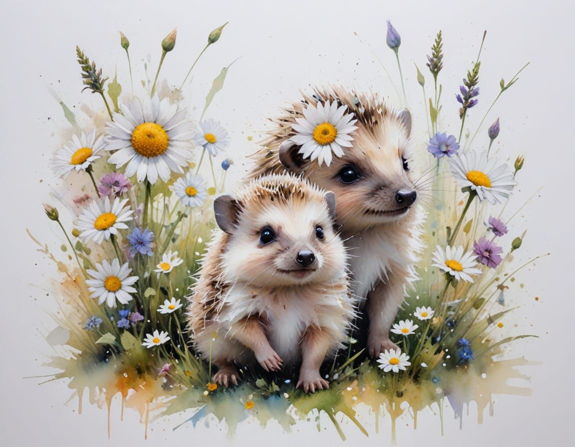 Baby Hedgehog and Bunny Rolling in Daisy Meadow