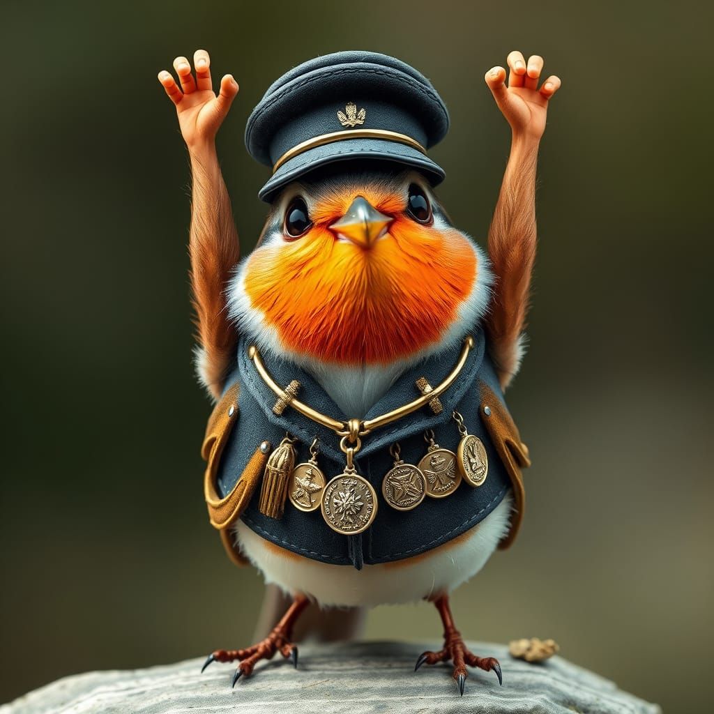 Robin in Military Uniform, Whimsical Illustration
