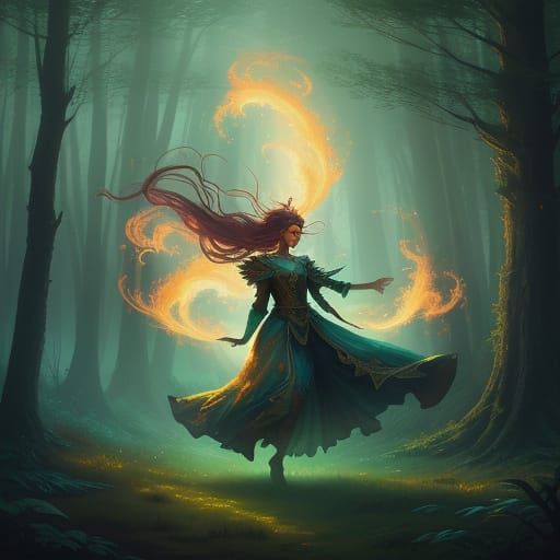 Ethereal Fire Wisps in a Mystical Forest Clearing