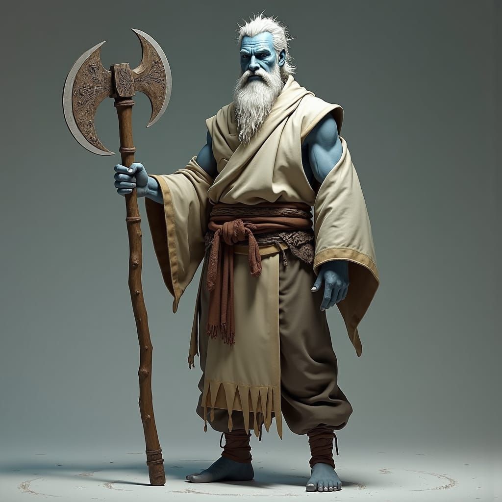 Air Genasi Druid/Monk with Handaxe in Dreamlike Fantasy