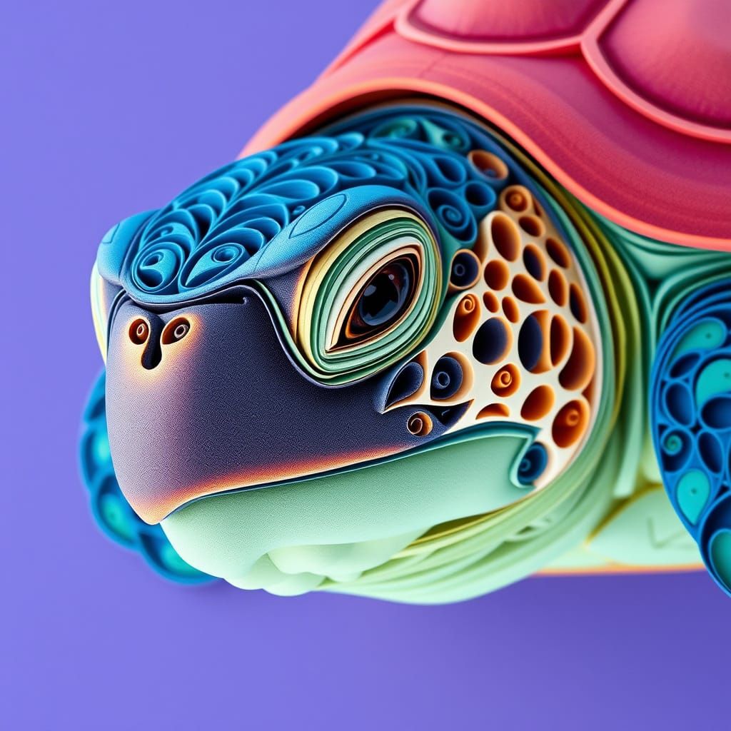 Hyper-Realistic Quilling Turtle Portrait in Vibrant Pastels