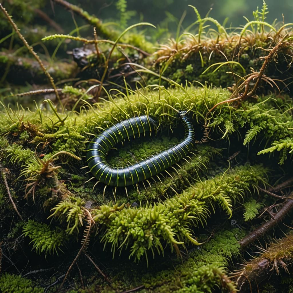 Macro Millipede on Mossy Rock: Impressionist Oil Painting