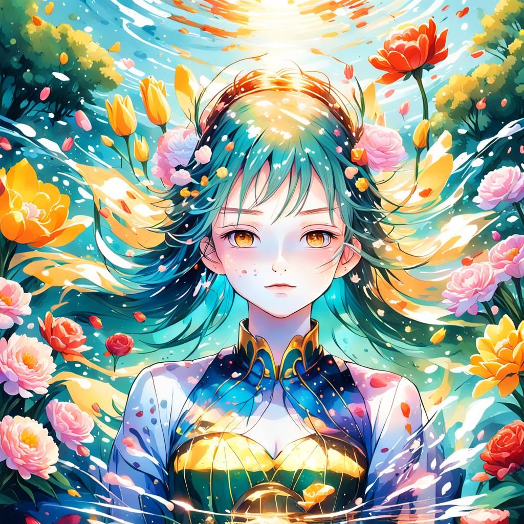 Nymph Emerges from Spring in Vibrant Anime Style
