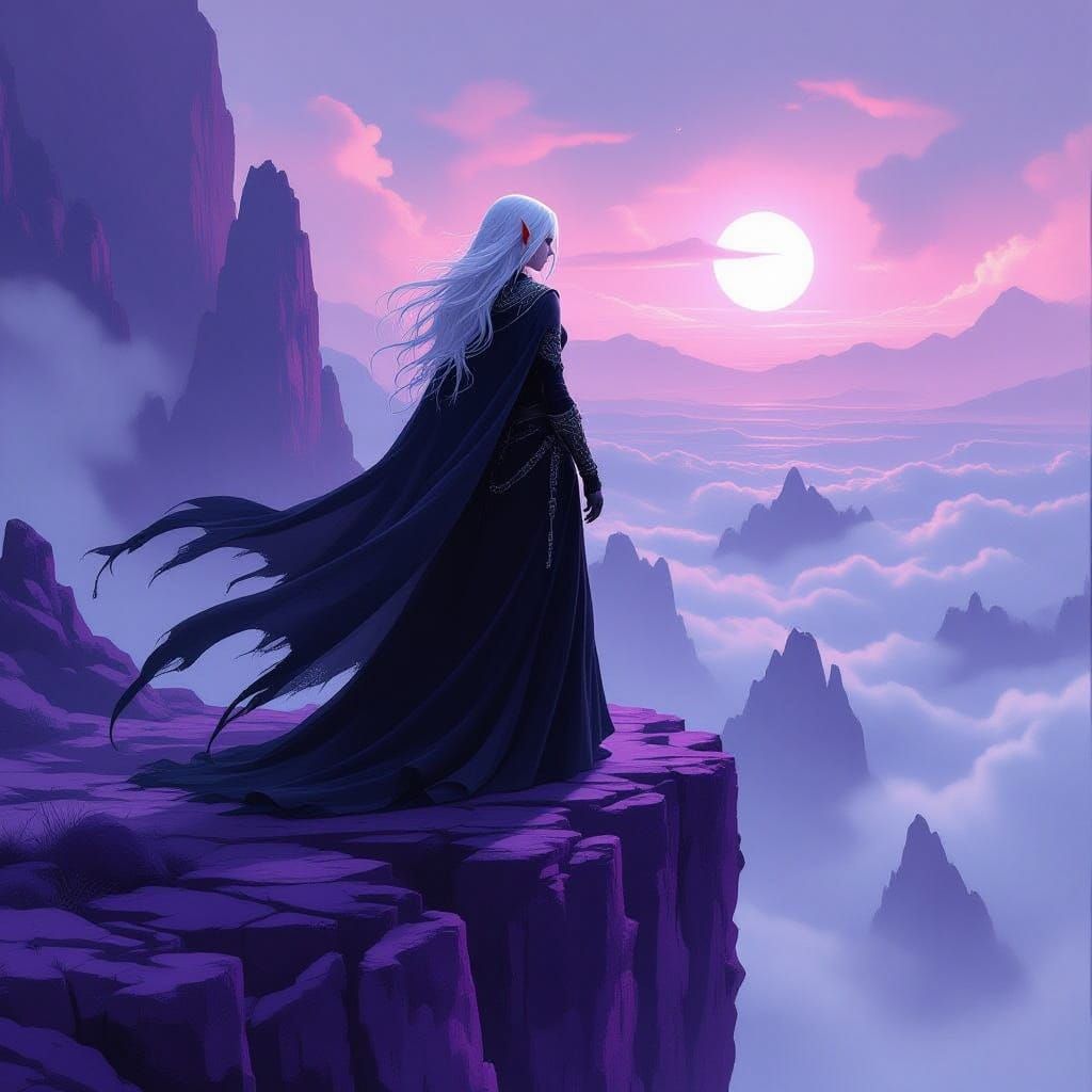 Mystical Elf Maiden on a Haunting Purple Cliff
