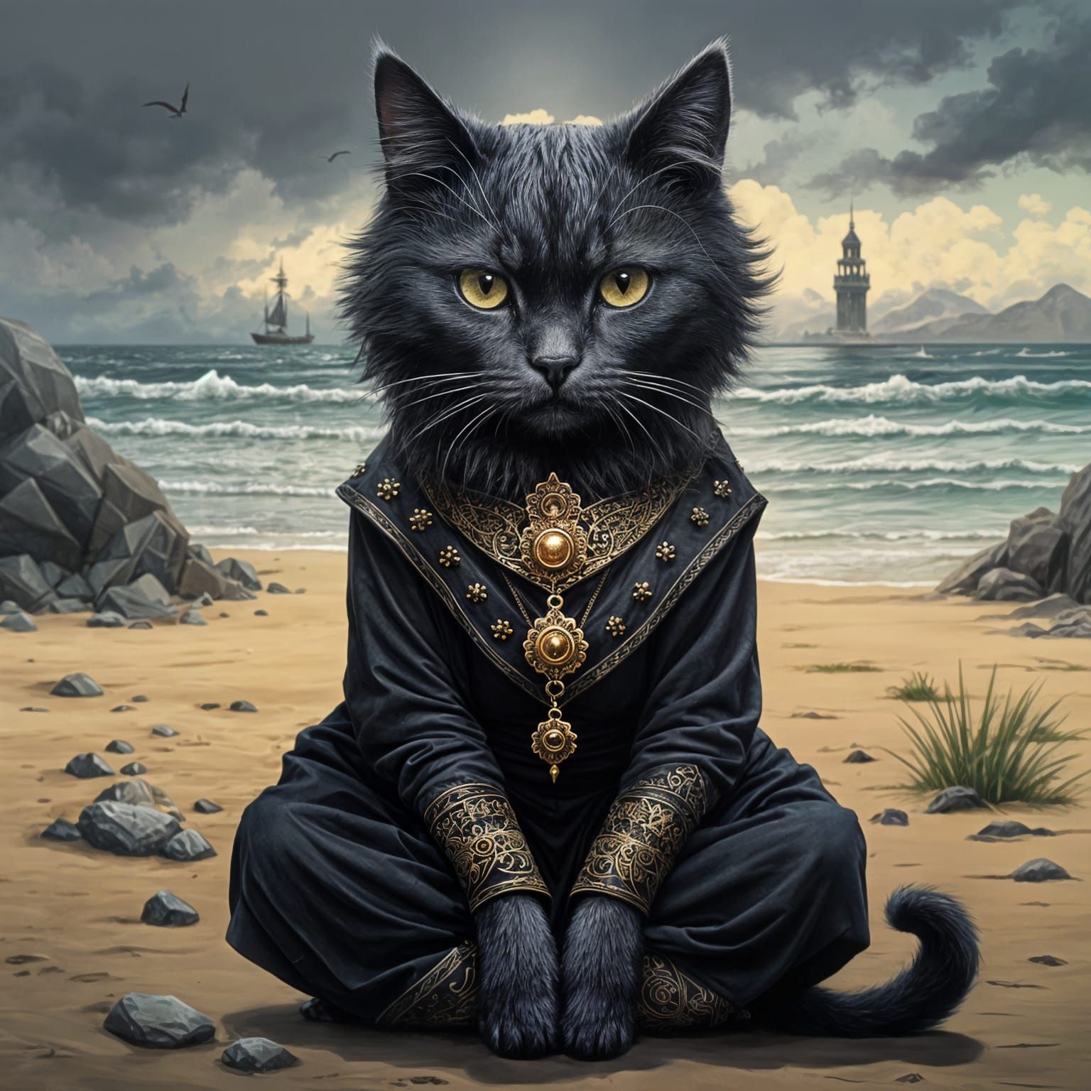 Gothic Cat Does Yoga on Gloomy Baroque Beach