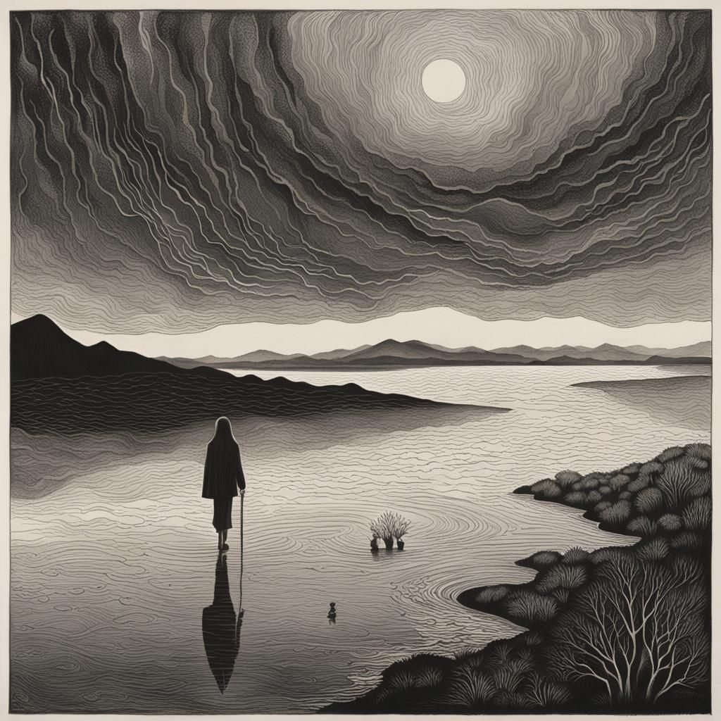 Woman in Acid Rain: Melancholic Black and White Etching