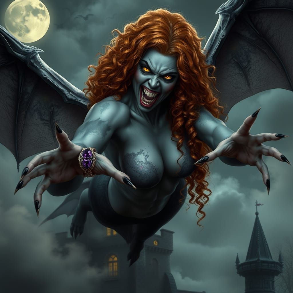 Vampire Harpy Soars into the Moonlit Sky