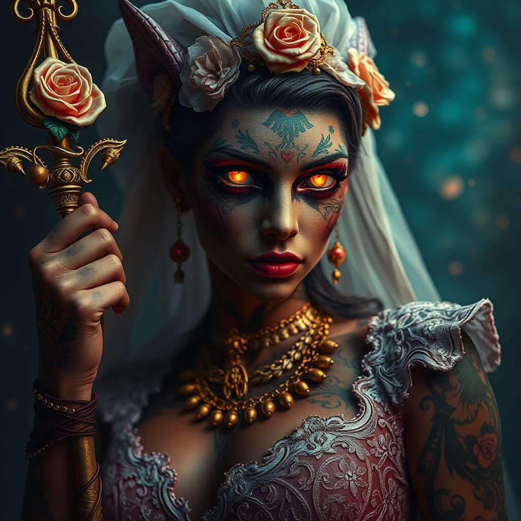 Muscular Bride with Floral Tattoos and Rose Staff