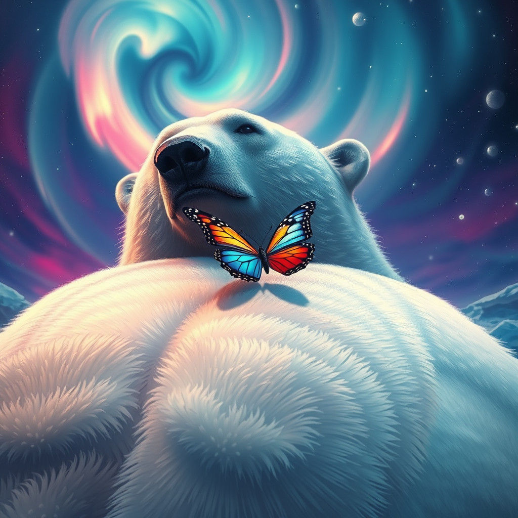 Aurora Butterfly on Polar Bear in Fantasy Art