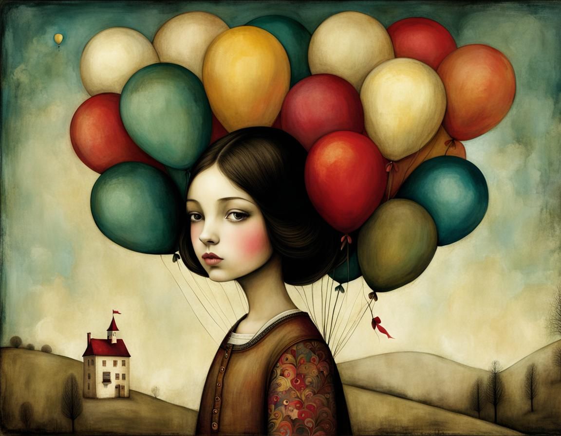 Magical Girl with Balloons Illustration