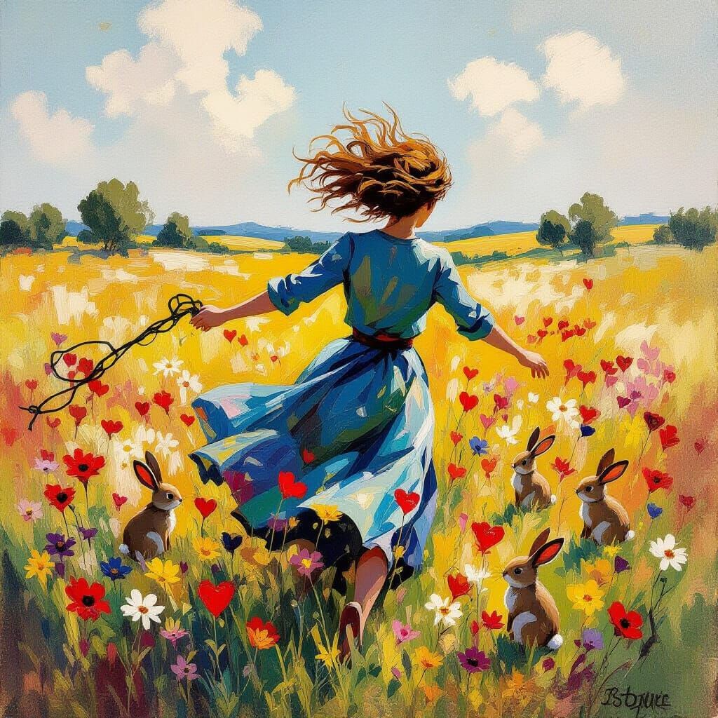 Woman Soaring Through Wildflower Meadow in Expressive Style