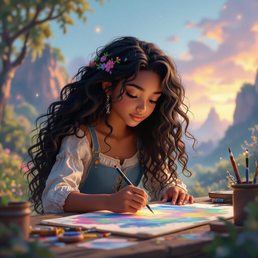 Artistic Black Girl Painting Fantasy Landscape