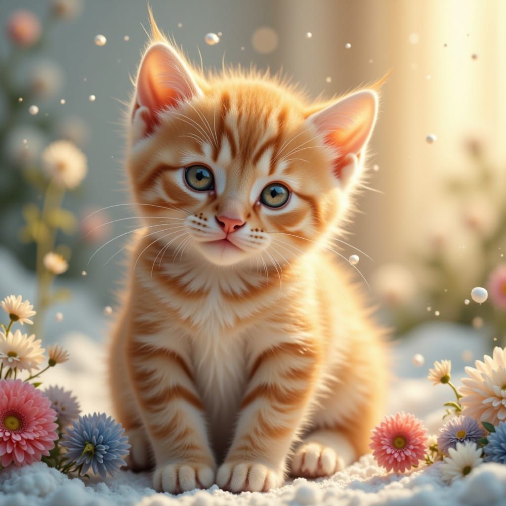 Cute Kitten with Ethereal Snowflakes