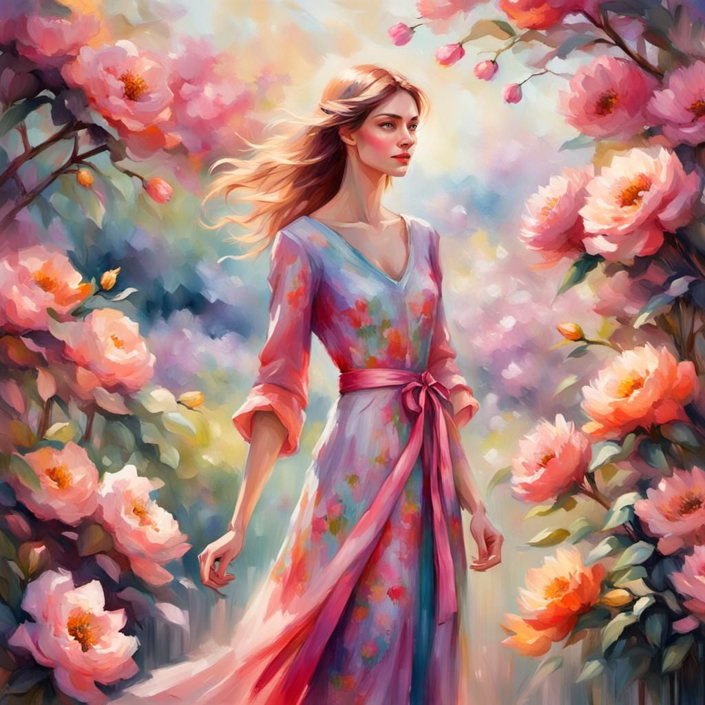 Impressionist Portrait of Woman Among Flowers