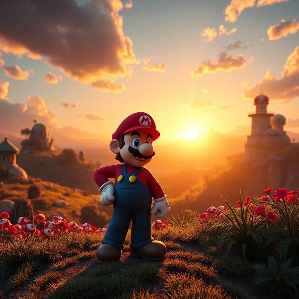 Heroic Mario in a Fantastical Sunset Landscape
