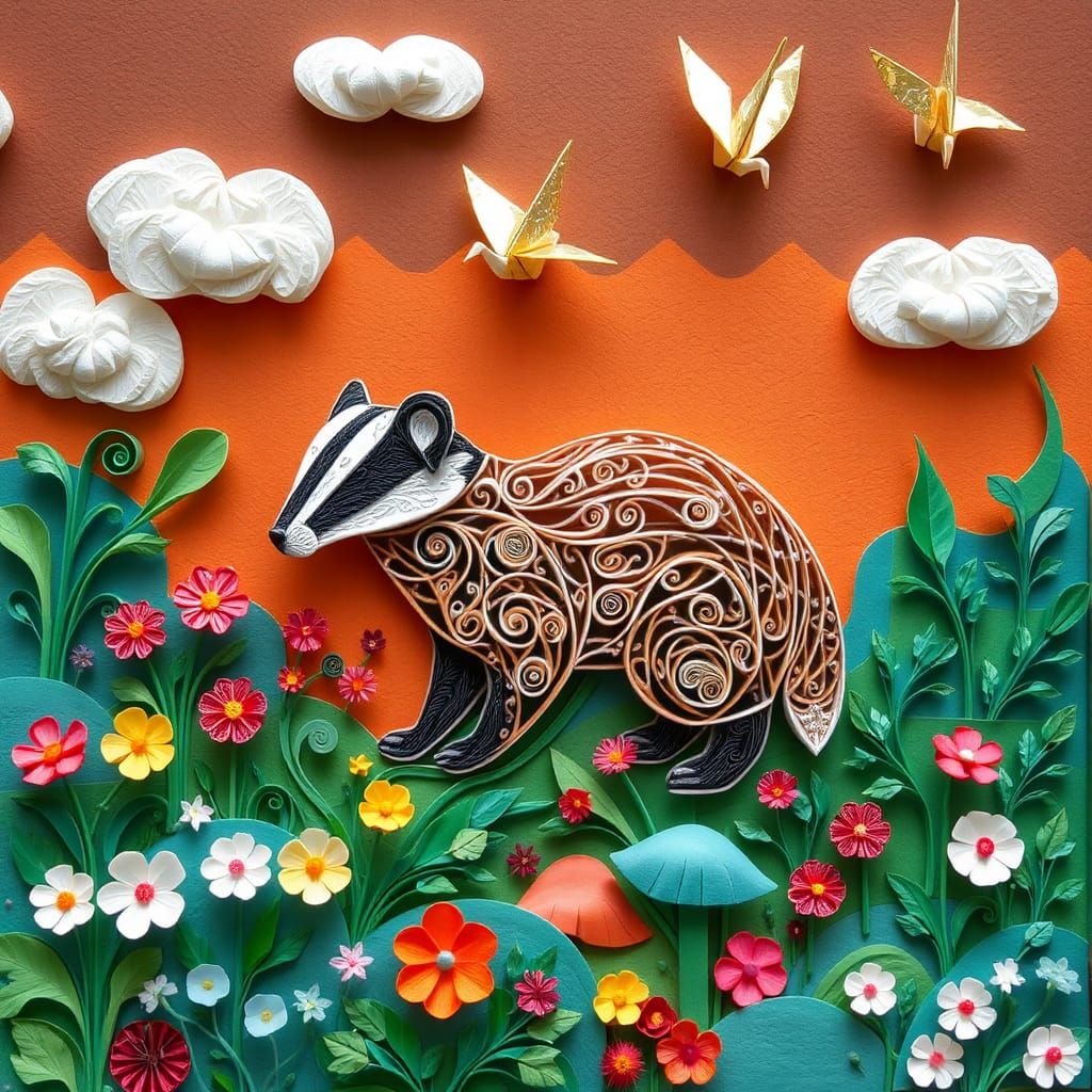 Intricate Paper Quilled Badger in Forest Art