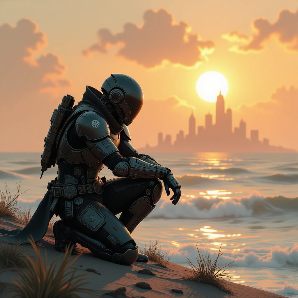 Steampunk Cyborg Warrior Rests on Withered Shore