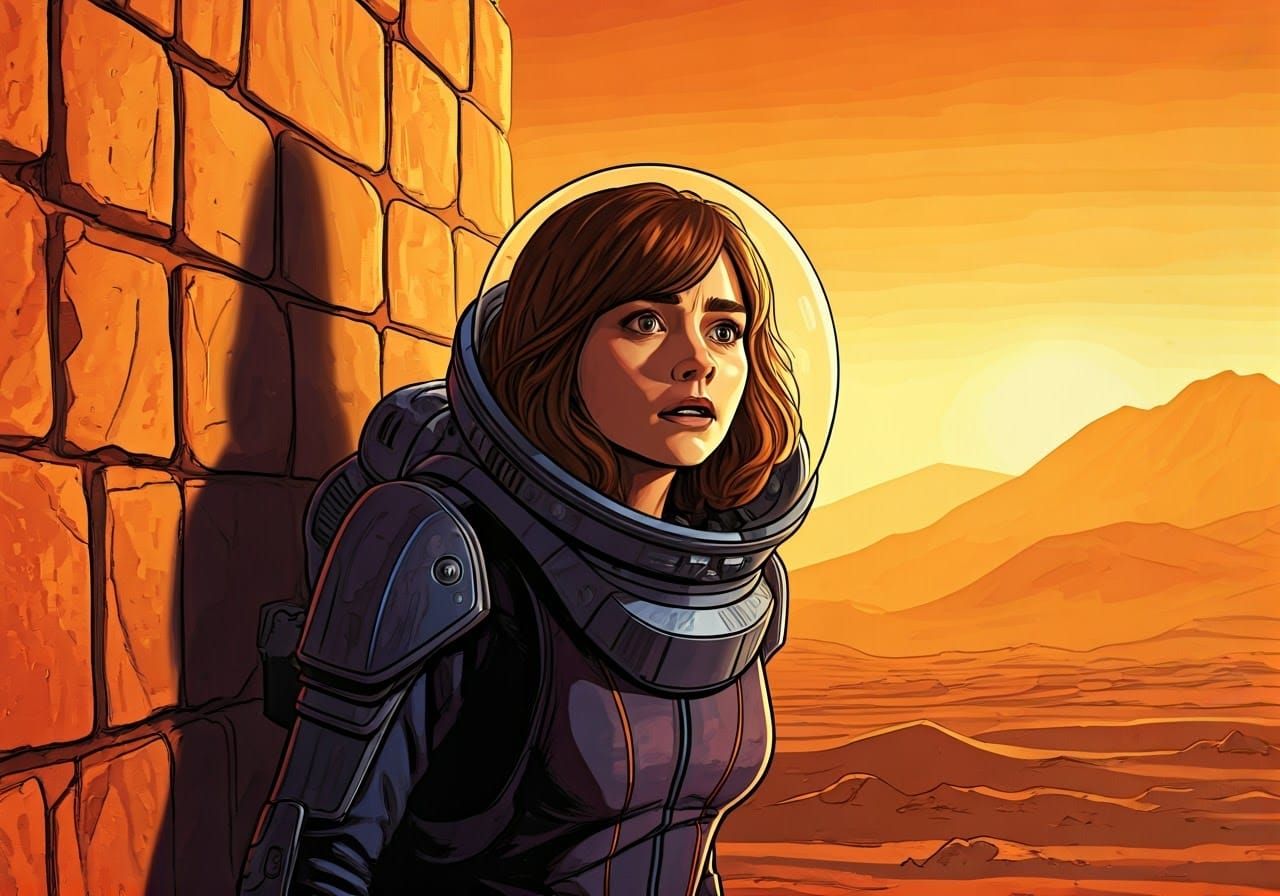 Frightened Clara Oswald in Gritty Alien Landscape