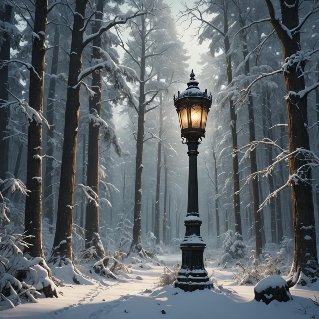 Narnia Lamppost in Snowy Forest: Detailed Matte Painting