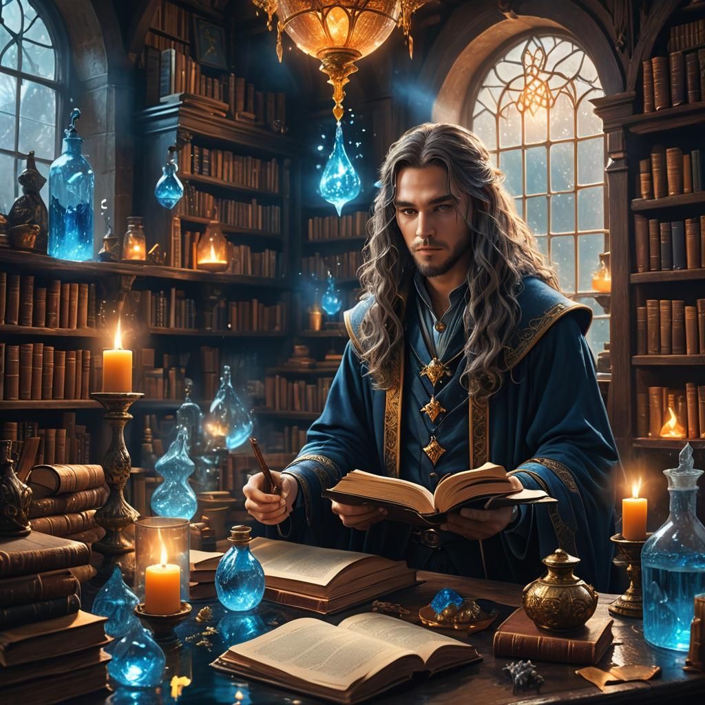 Young Wizard Surrounded by Water Magic, Detailed Matte Paint...