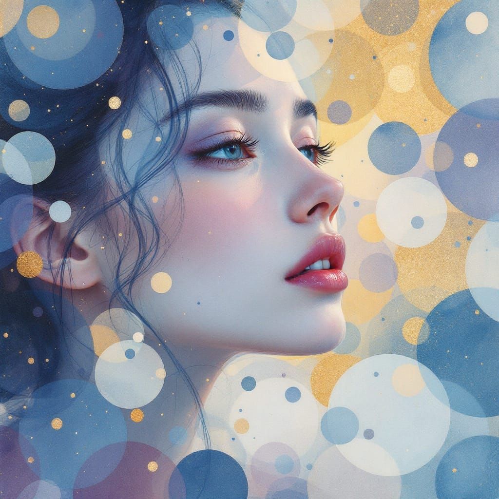 Dreamy Watercolor Portrait of a Young Woman in Ethereal Blue...