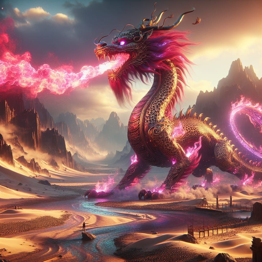 Cheetah Patterned Dragon Exhaling Magenta Flames