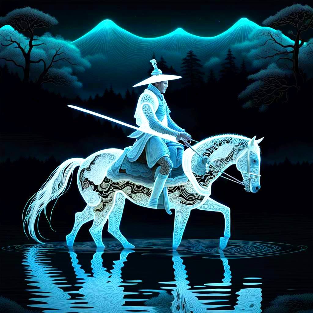 Bioluminescent Samurai on Horseback, Abstract Fractal Art