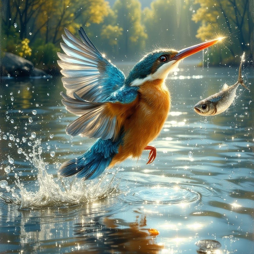 Kingfisher's Dive: Iridescent Feathers in Watercolor Style