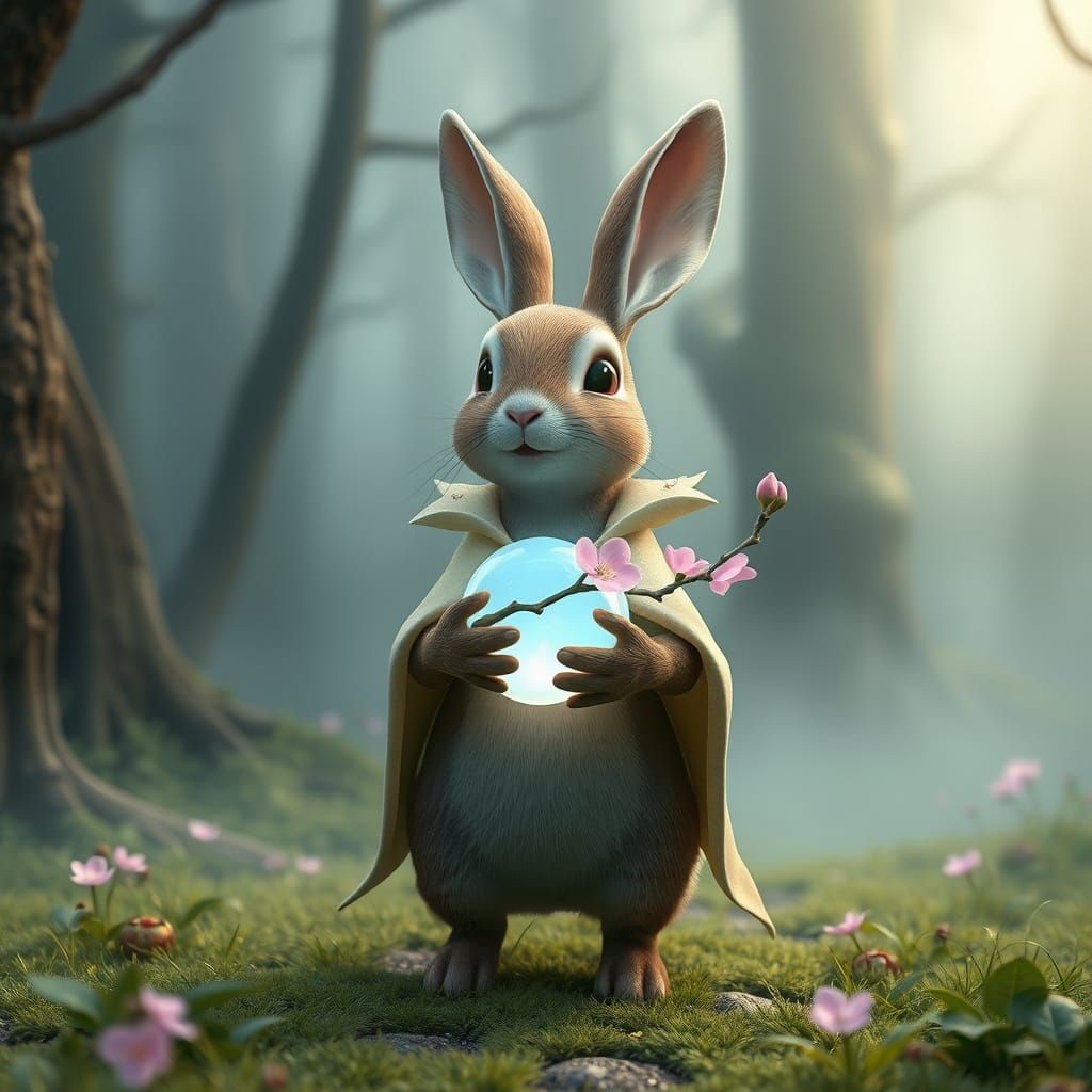 Luminescent Bunny in Mystical Forest, Digital Art