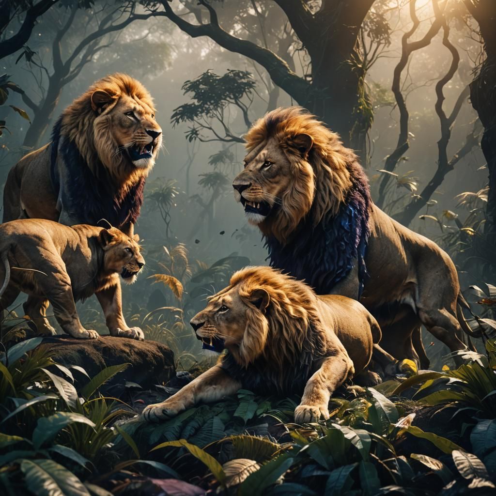Lions Fight in Misty Jungle Concept Art