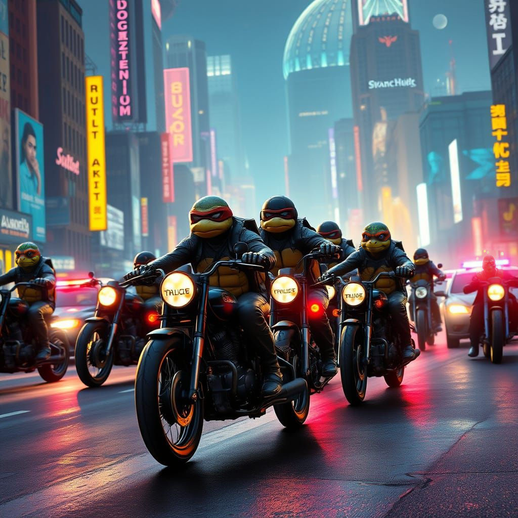 Turtles Ride High-Performance Motorcycles Through a Neon-Lit...