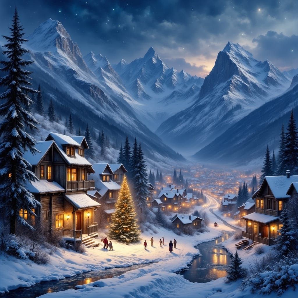 Magical Snowy Alpine Village at Night