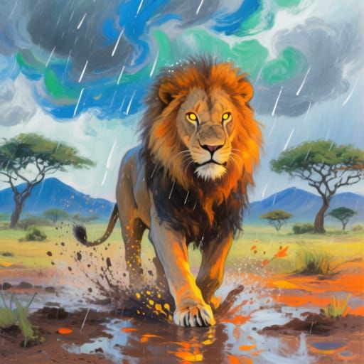 Majestic Lion in Stormy Savannah Oil Painting