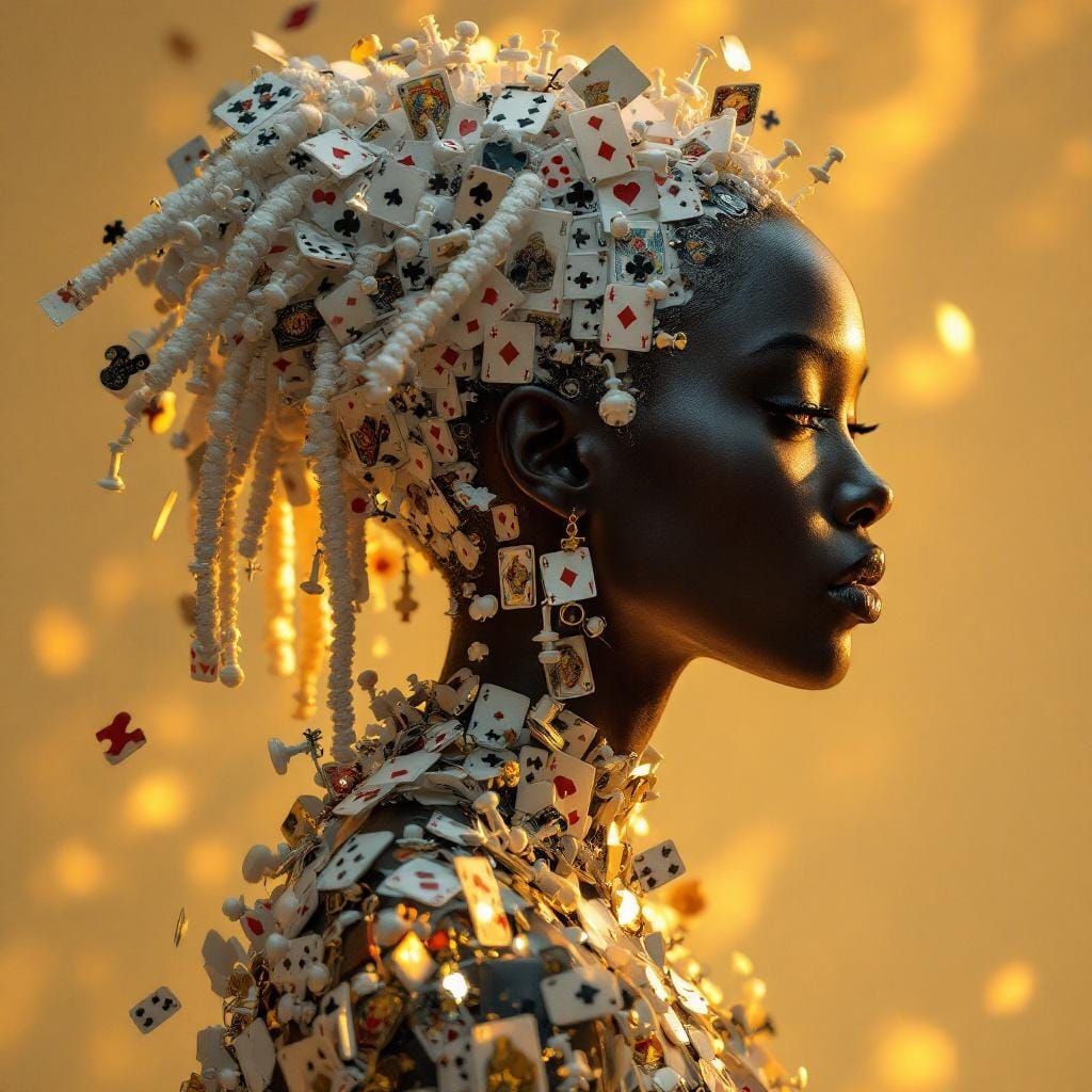 Woman with Playing Card Hair in Golden Light