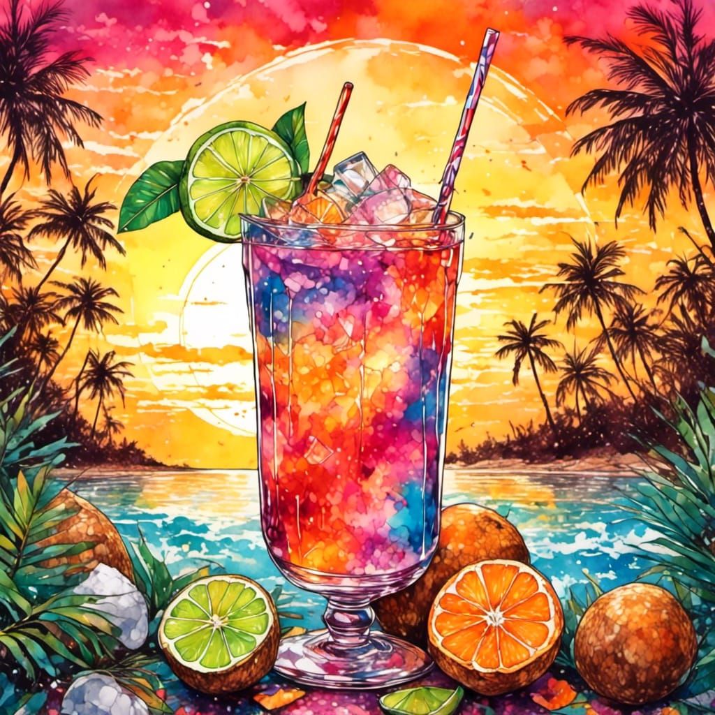 Tropical Cocktail at Sunset Illustration