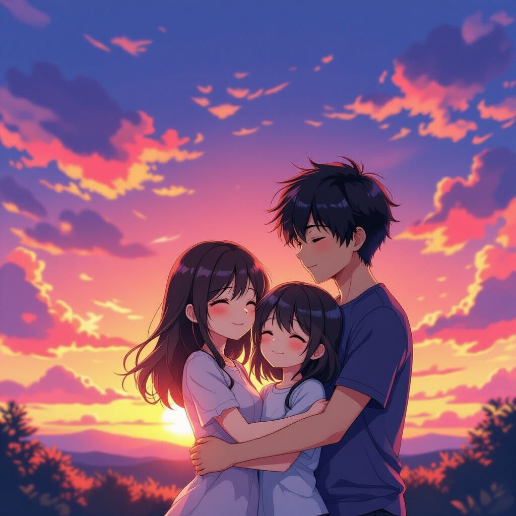 Cute Manga Couple Embracing at Realistic Sunset