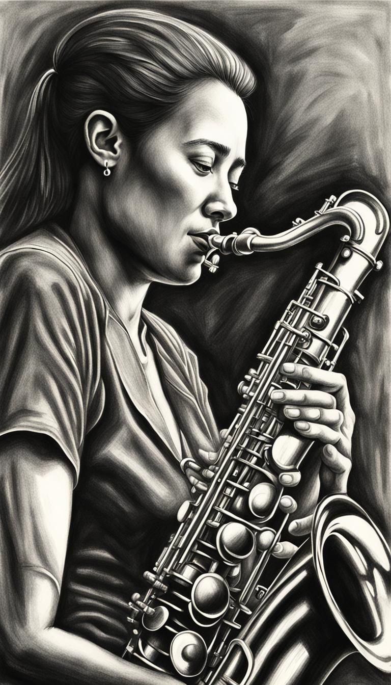 Hyperdetailed Charcoal Drawing of Saxophone Player