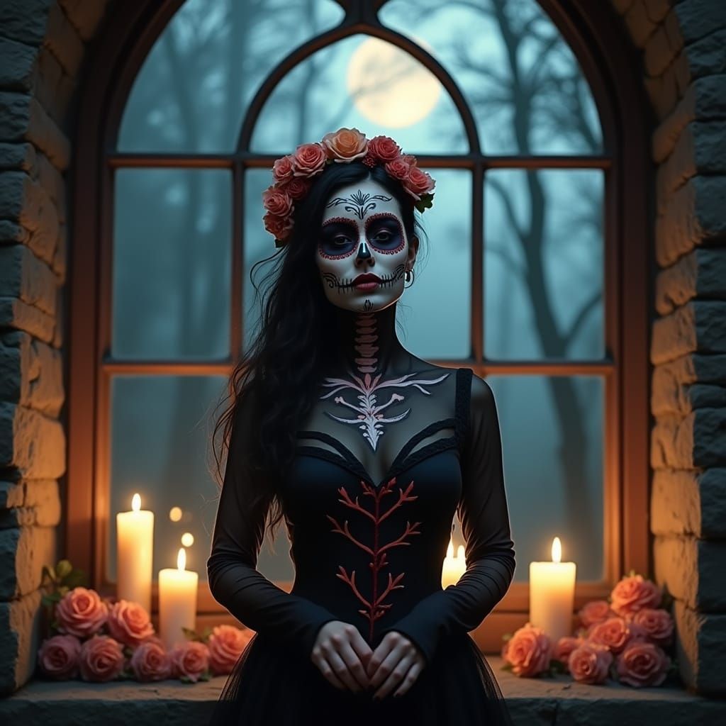 Sugar Skull Woman in Castle Window