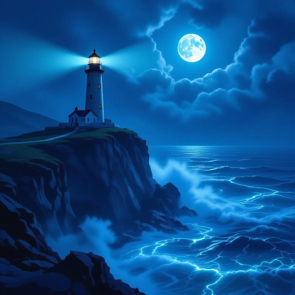 A majestic lighthouse stands tall on a jagged cliff overlook...