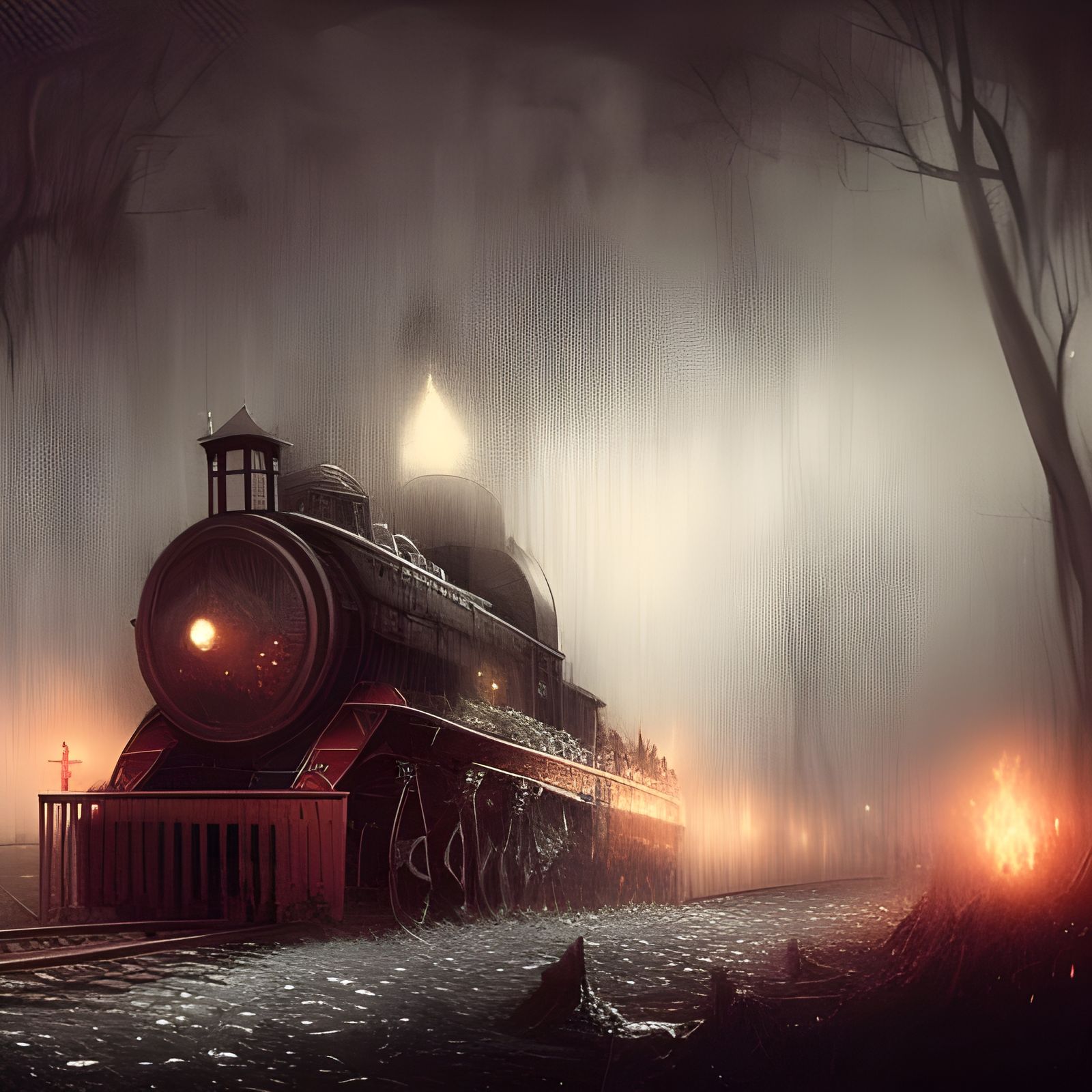 Magical Ghost Train in Dark Fantasy Forest