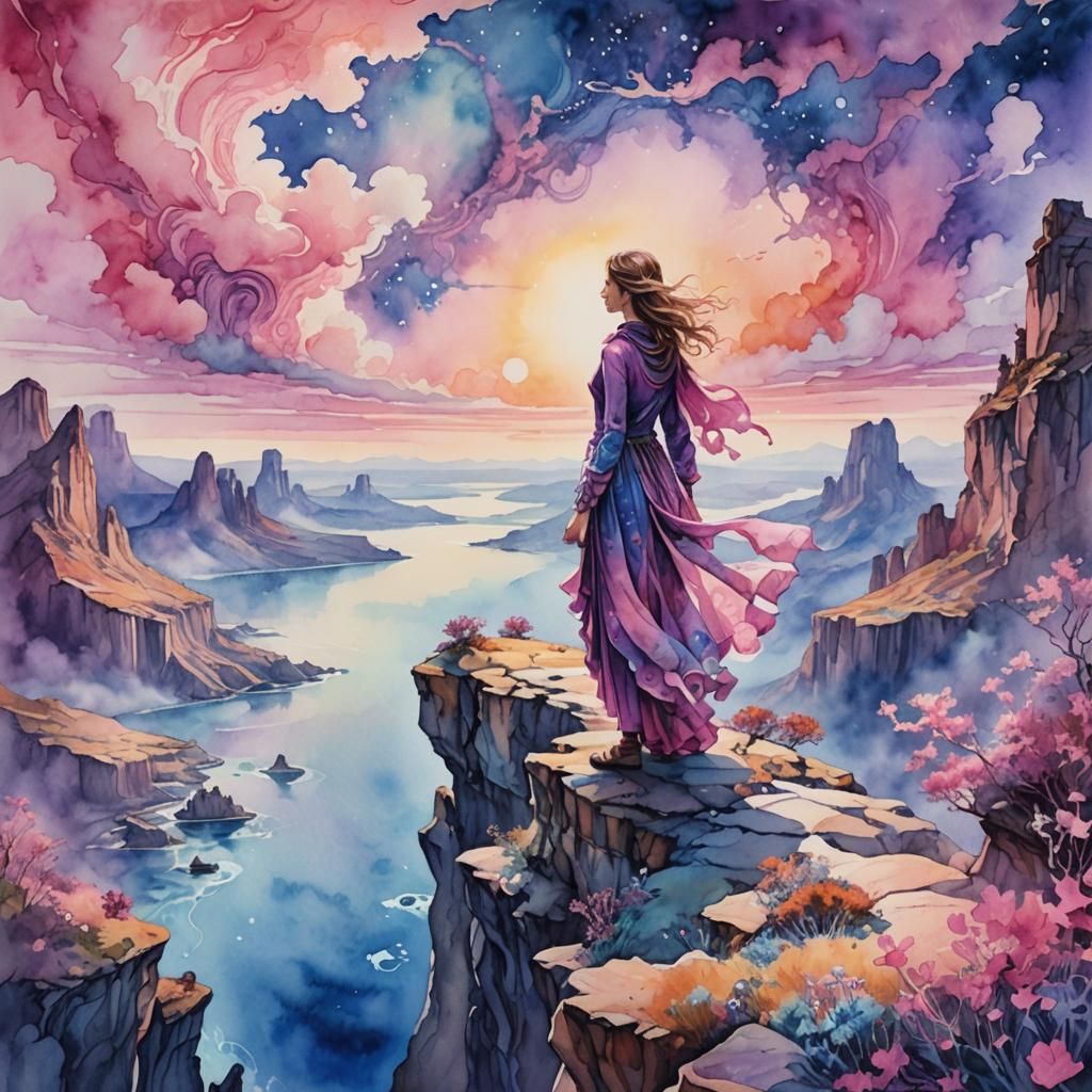 Surreal Watercolor Landscape with Woman on Cliff
