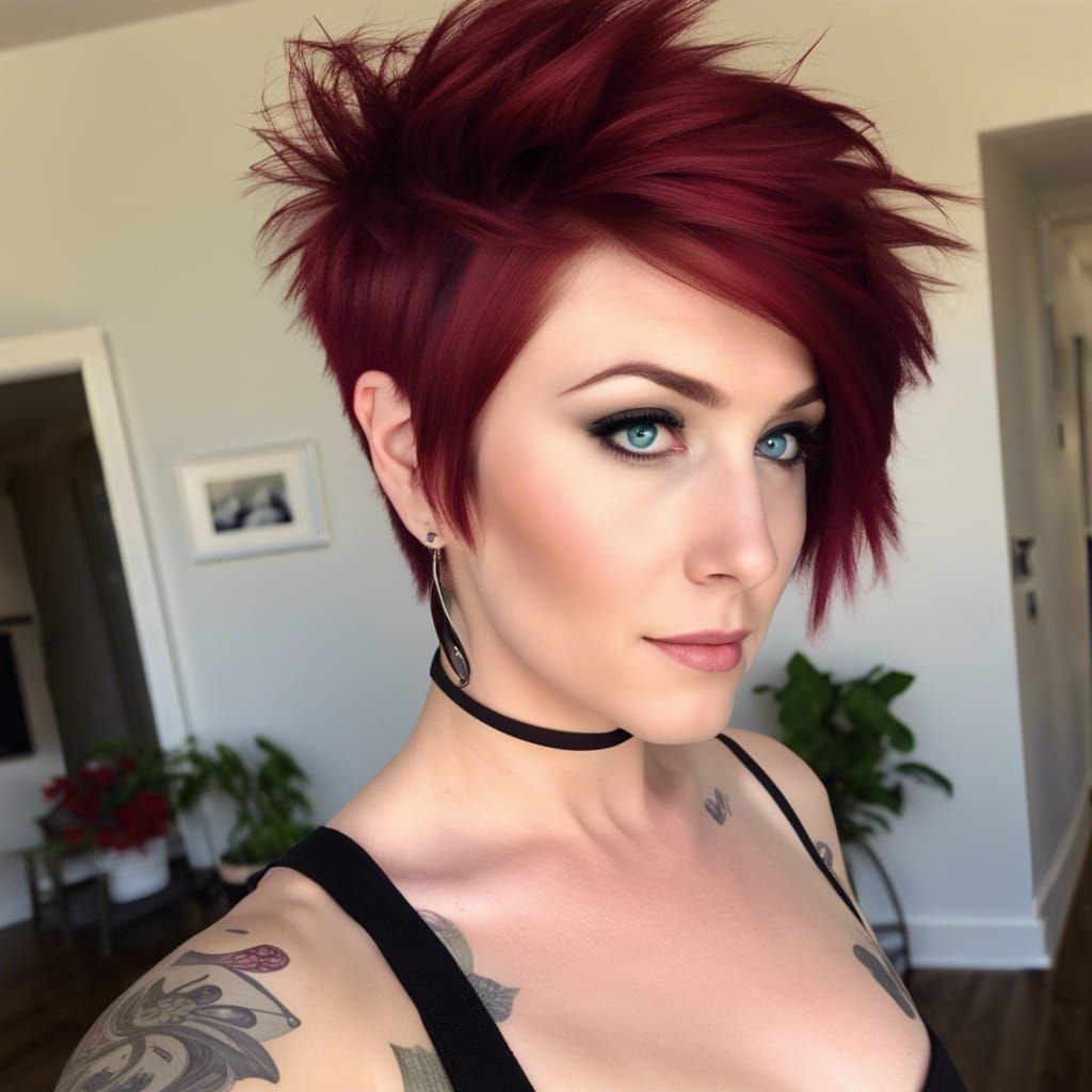 Burgundy Emo Pixie Hairstyle Close-Up