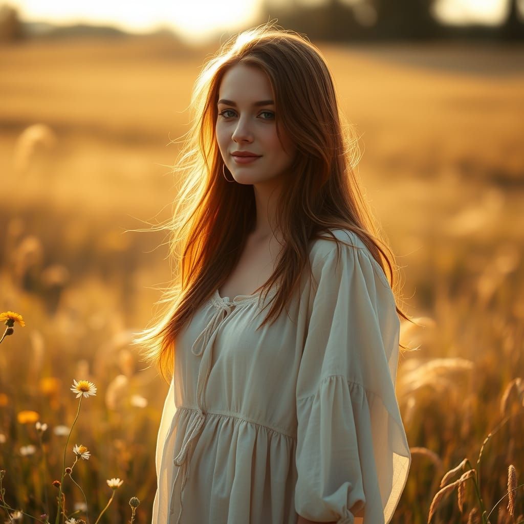 Serene Slavic Woman in Sunlit Meadow